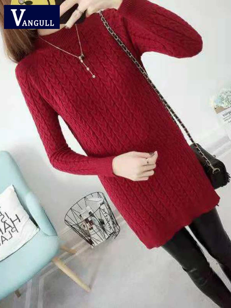 Vangull Elegant Wine Red Women Sweater Dress Oneck Long Sleeve Stretch