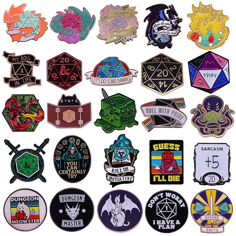 RPG DnD D20 Dice Game Dungeon Master Enamel Pins Metal Brooch Badge Fashion Jewellery Clothes Hat Backpack Accessory Gifts