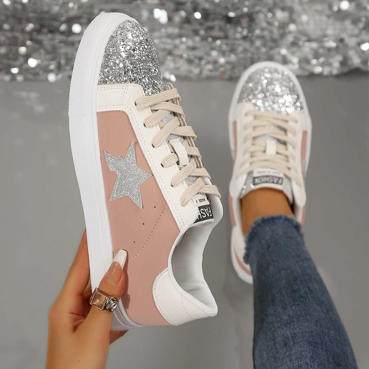 Women Sneakers 2024 Autumn New Sequins Star Patchwork Lightweight Sneakers Women Non-slip Soft Thick Sole Casual Shoes for Women 3