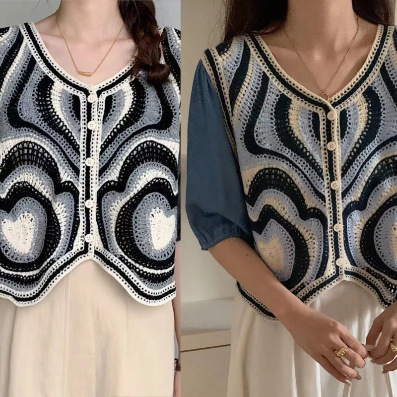 

Crochet Blouse for Women Chiffon Puff Half Sleeve V-neck Sweet Crop Top Cardigan