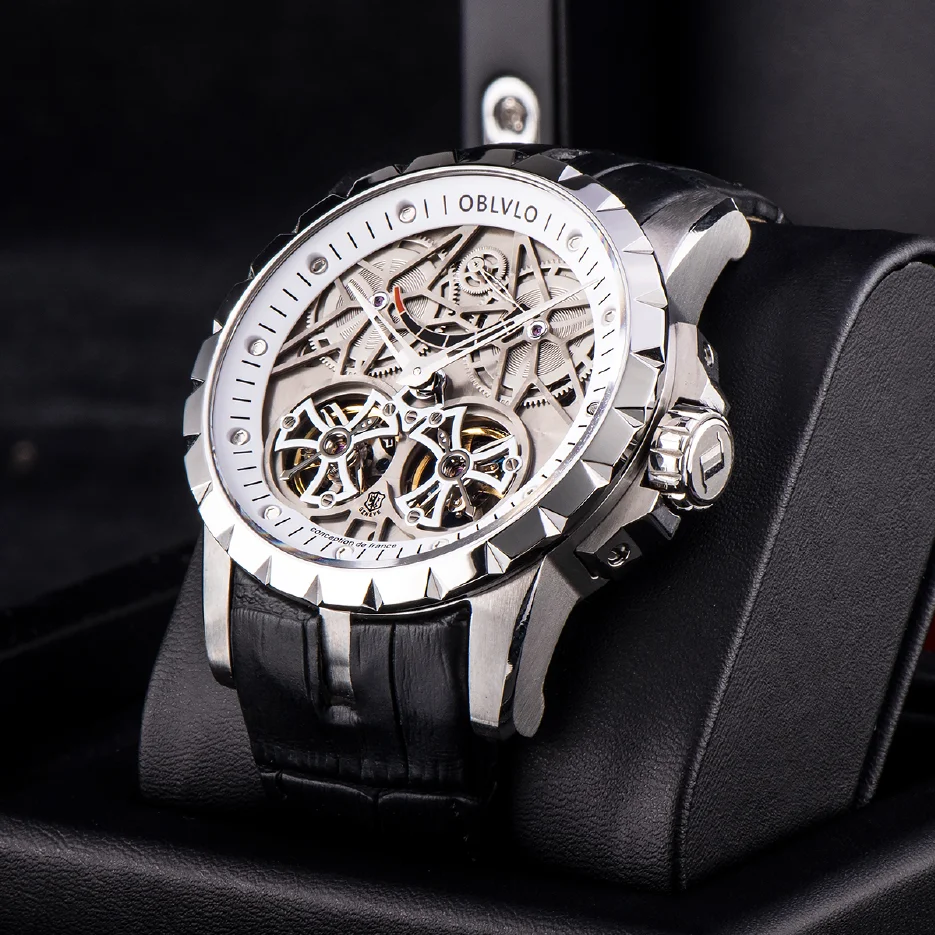 

OBLVLO Luxury Transparent Hollow Men Skeleton Automatic Watch Sport Mechanical Tourbillon Calfskin Leather Sapphire Clock RM-E