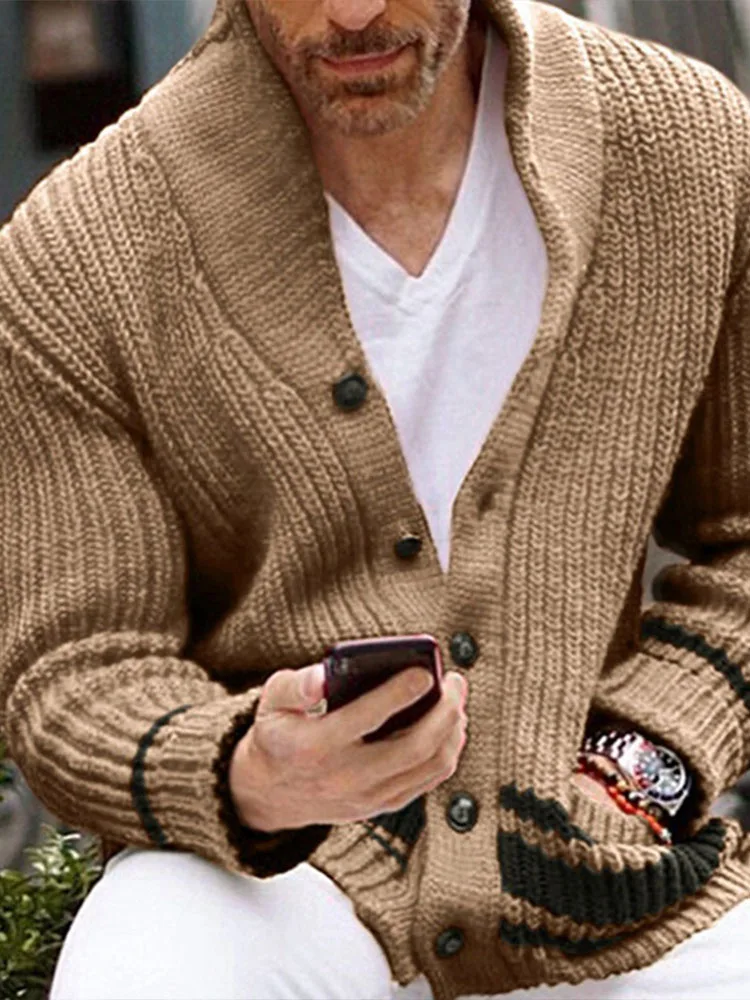 

Men's Thick Single-Breasted Sweater with Collar Long Sleeve Knit Cardigan Coat