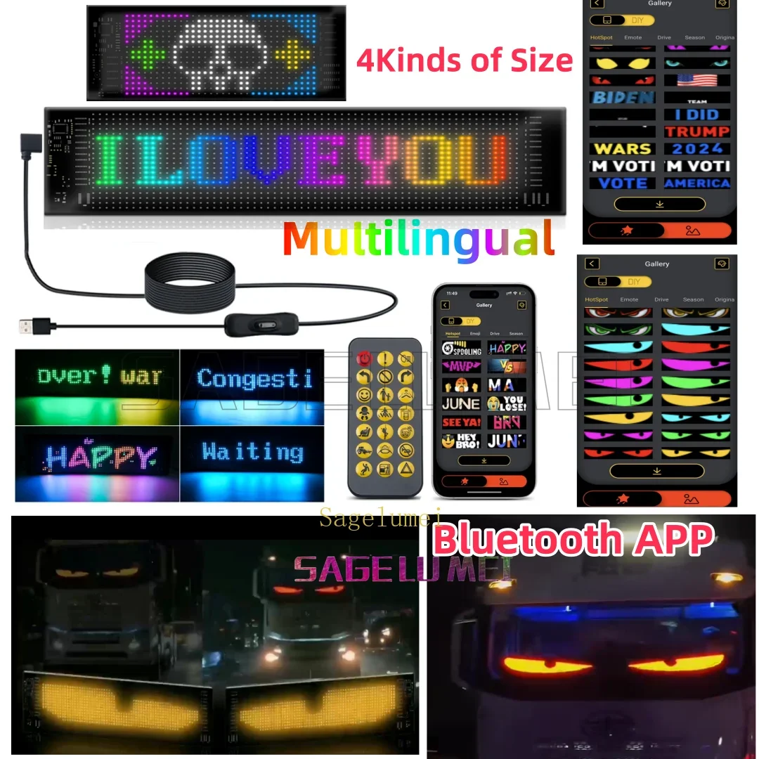 5V USB Smart App Remote Control Multilingual Car LED Matrix Pixel Panel Scrolling Advertising Car Truck Devil's Eye Signs Light 4