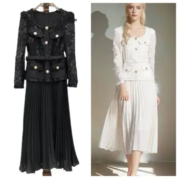 Runway Designer Summer Flower ricamo pizzo Chiffon Prom Dress donna manica corta monopetto Midi Long Vestidos Party