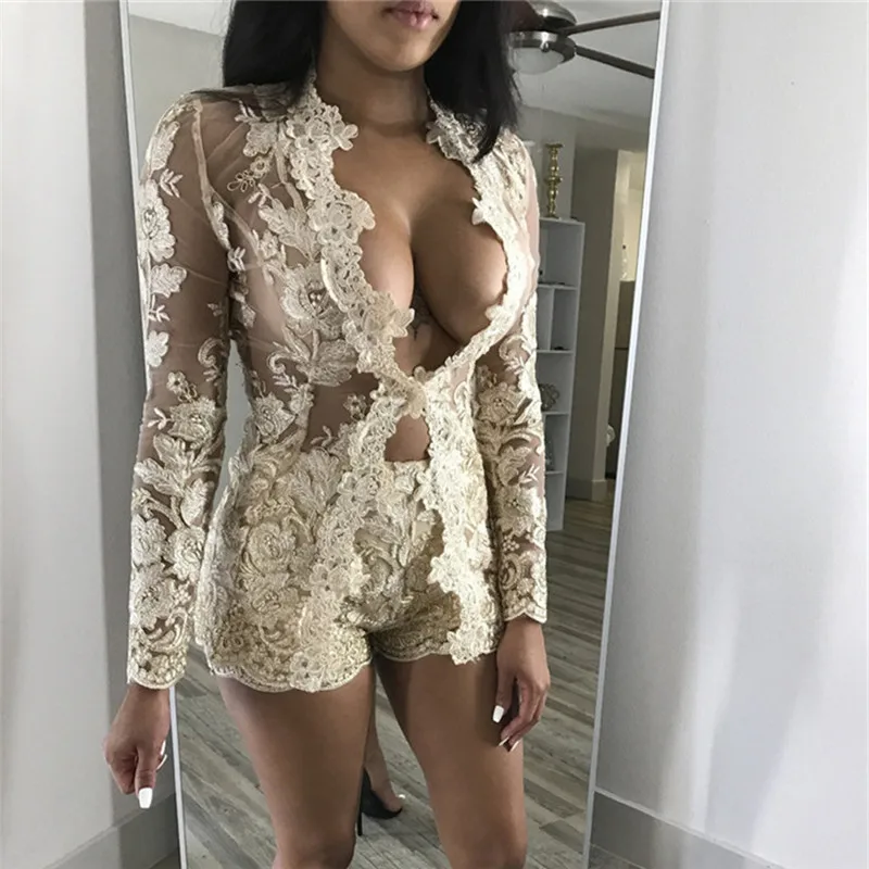 bikini cover up skirt Sexy Mesh Two Piece Outfit Women Gold Embroidery Floral Lace Single Button Long Sleeve Shorts Set Chic Bodycon 2 Piece Clubwear bathing suit skirt cover up