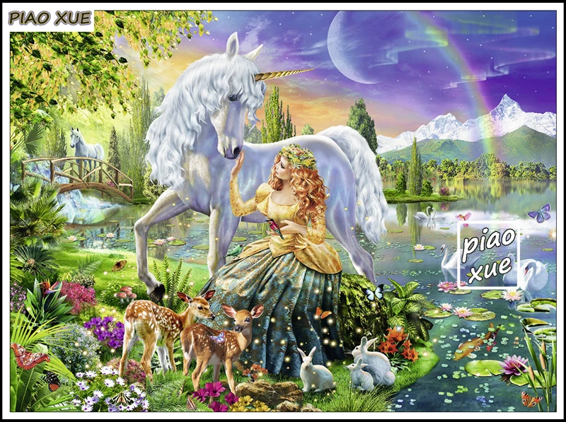妖精の王女とユニコーンダイヤモンド絵画アート魔法の森の城モザイク