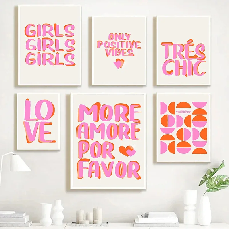 

Nordic Only Positive Vibes Girls Pink Inspirational Quote Posters Prints Abstract Canvas Painting Wall Art For Room Home Decor