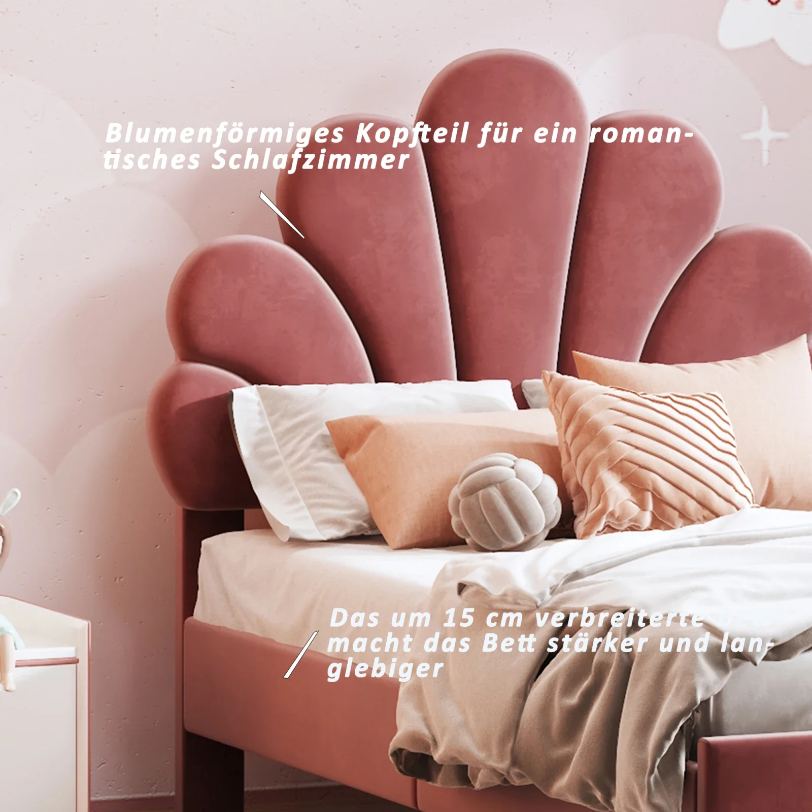 Rosahqnda Kinderbett, Einzelbett, Polsterbett, 90 x 200 cm, florales Kopfteil und Lattenrost, Samtstoff, Mädchenbett, ohne Matratze – Detail 13