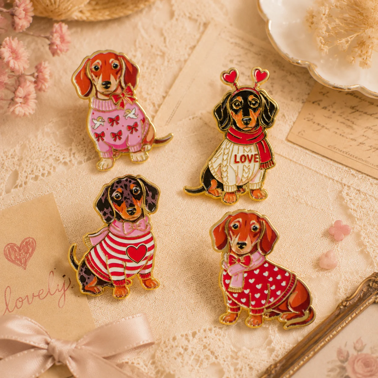4pcs Cartoon Dachshund Couple Soft Enamel Pin Lapel Pins for Backpack Jewelry Women Brooch for Clothes Badges Pins