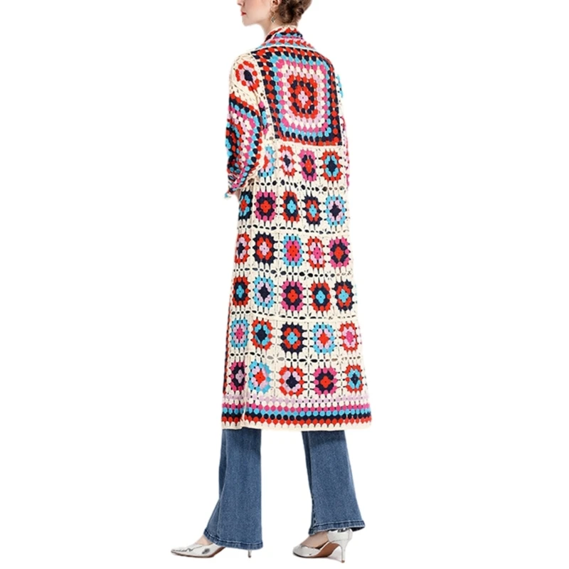 Colorful Crochet Detail Knitted Long Cardigan Women Handmade Open Front Tops N7YF