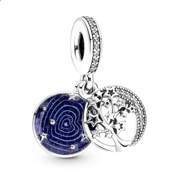 

Authentic 925 Sterling Silver Double Dangle Tree & Galaxy Moon Bead Charm Fit Women Pan Bracelet & Necklace Jewelry