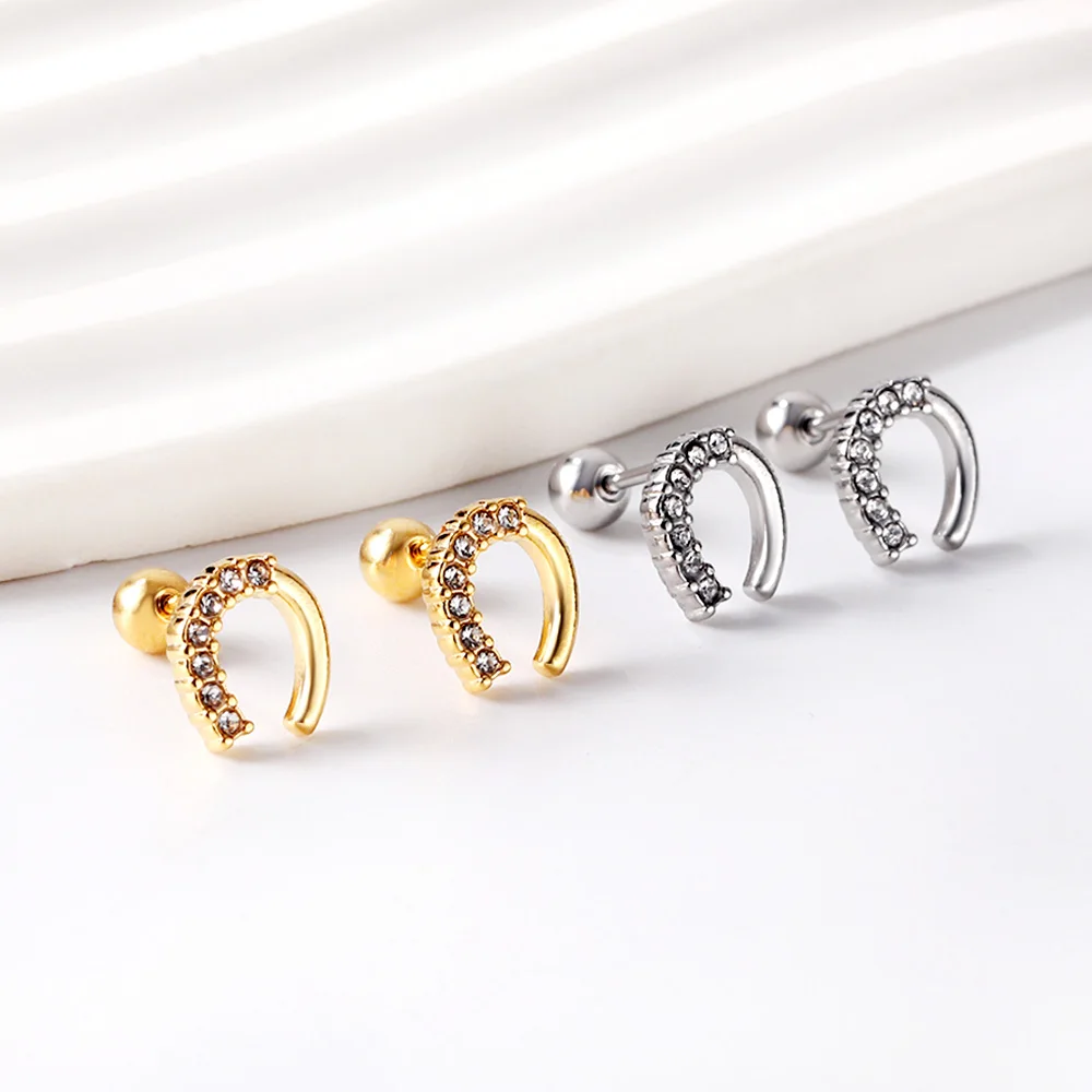 LUXUKISSKIDS 12Pairs Horseshoe Earrings Studs Cubic Zirconia Small Piercing Surgical Steel U Shape серьги Gold Plated Accessory
