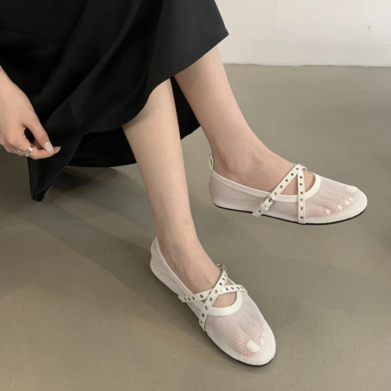 Hollow Out Mesh Ballet Flats Shoes Women Cross Buckle Strap Elegant Black Mary Janes Shoes Female Daily Casual Loafers Trend 3