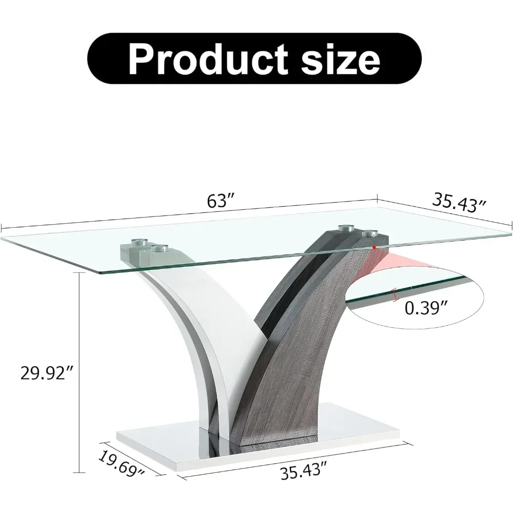 63 Inch Dining Table and Chairs dining table chair combination, Modern Dining Table with 4 Leather Chairs, Tempered Glass Top, Glass Dinings Tables Set