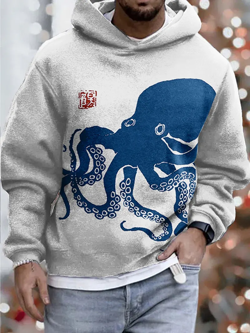 

Men's Casual Hoodie Fashion Giant Blue Octopus Long Sleeve Graphic Print Hoodie Loose Oversize Pullover Hoodie Street Sweatshirt