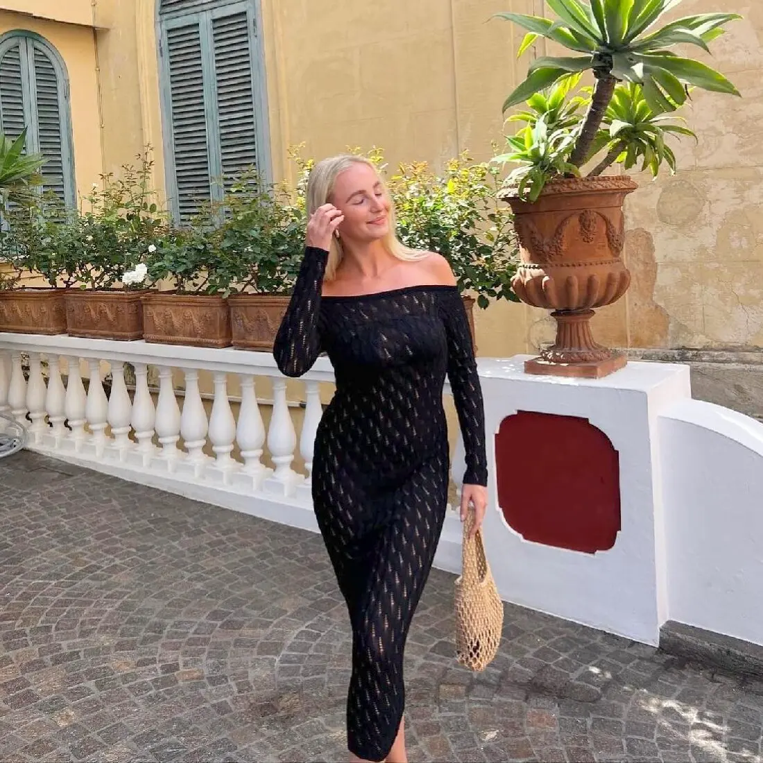 Knit Off-Shoulder Maxi Dress - Patchwork Fashion Hollow Out Knitwear Dress