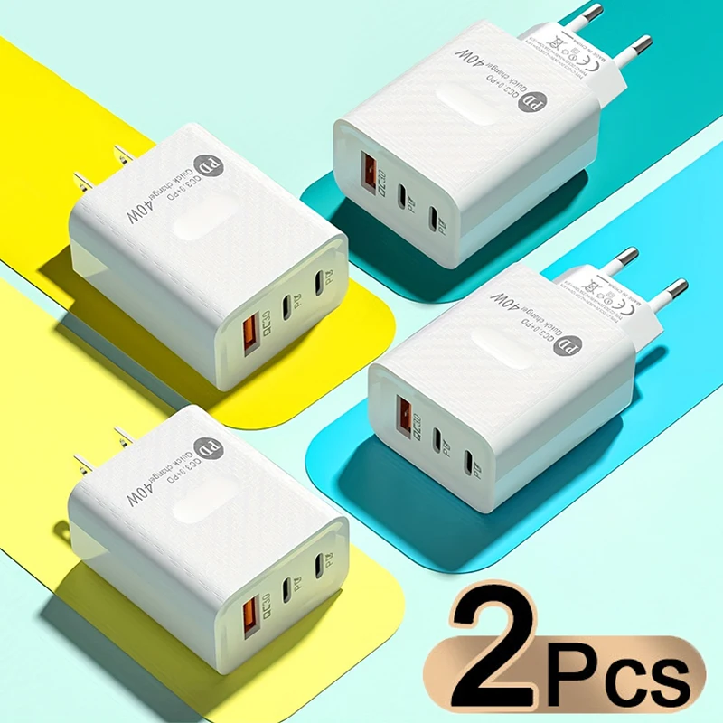 2PCS 40W PD Fast Charger 3Ports US EU Plug Wall Charger Adapter For iPhone 16 15 Xiaomi Huawei Samsung USB C Phone