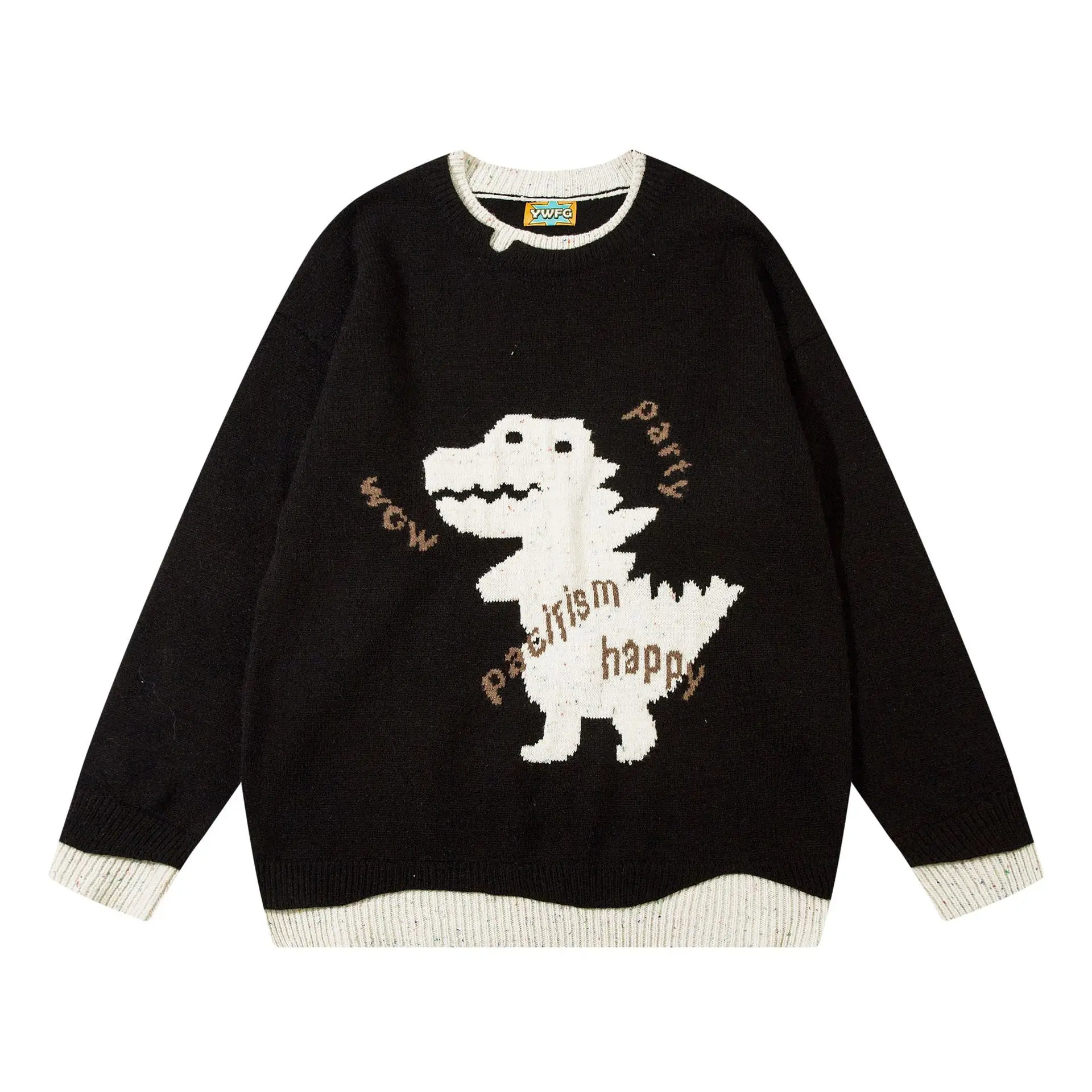 Mens Knitted Sweaters Cartoon Dinosaur Embroidery Harajuku Casual Pullover Jumpers Streetwear Autumn Hip Hop Loose Y2K Clothing