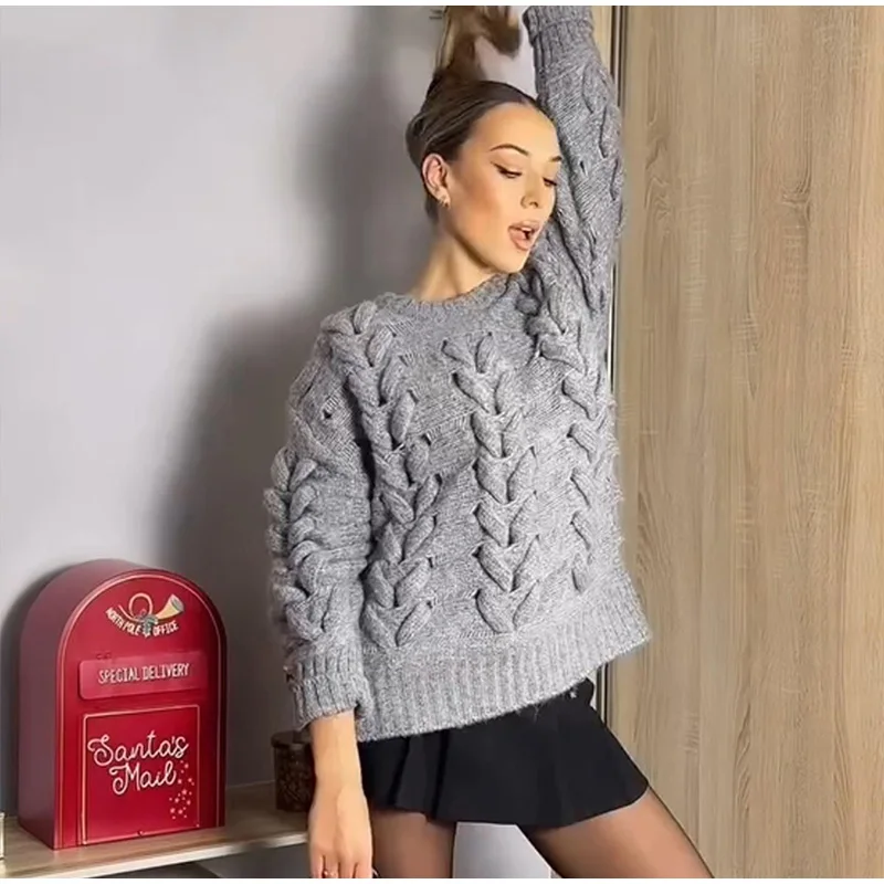 Suéteres casuales de punto con cuello redondo para mujer, suéter vintage holgado gris de manga larga, suéter para mujer, moda urbana versátil.