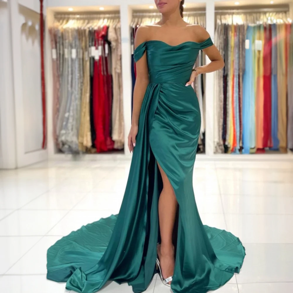 

Off the Shoulder Pleated Evening Dress for Women Side High Split Satin Evening Gown Floor-Length Court Mermaid فساتين طويلة