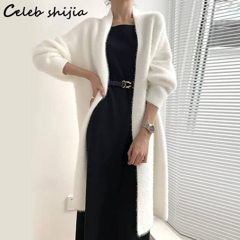 

Chic Winter Mink Cashmere Cardigans Women Long-sleeve Open Stitch Knitted Coat Female Autumn Business Korean Loose Cardigan 2023