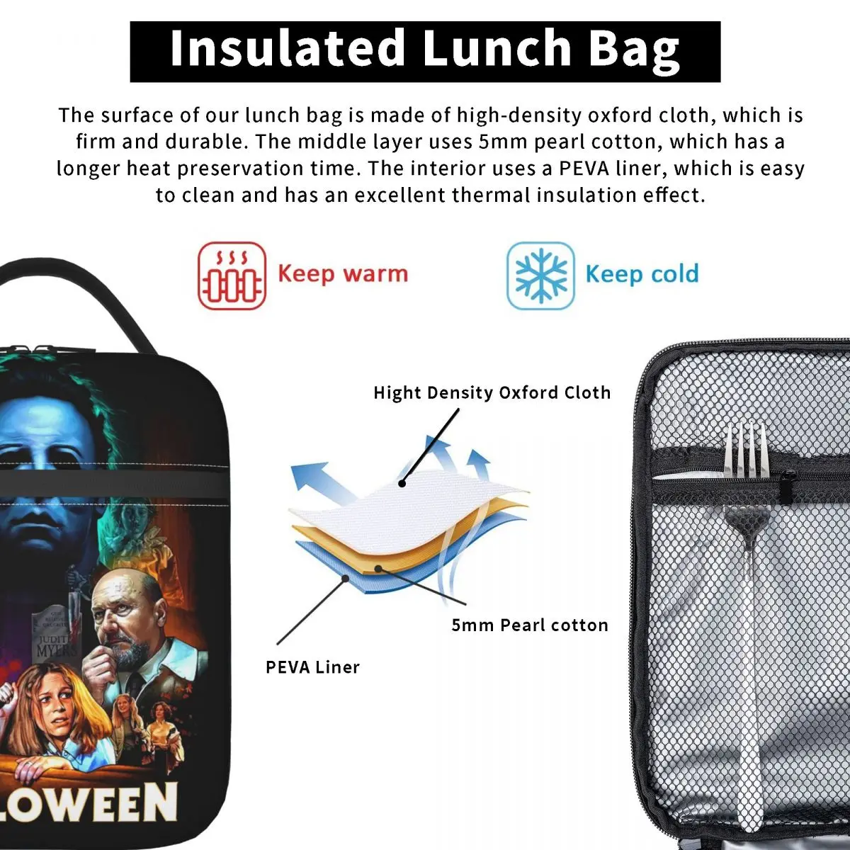 Michael Myers Knives Insulated Lunch Bag for Outdoor Picnic Halloween Movie Poster Leakproof Cooler Thermal Bento Box Women Kids