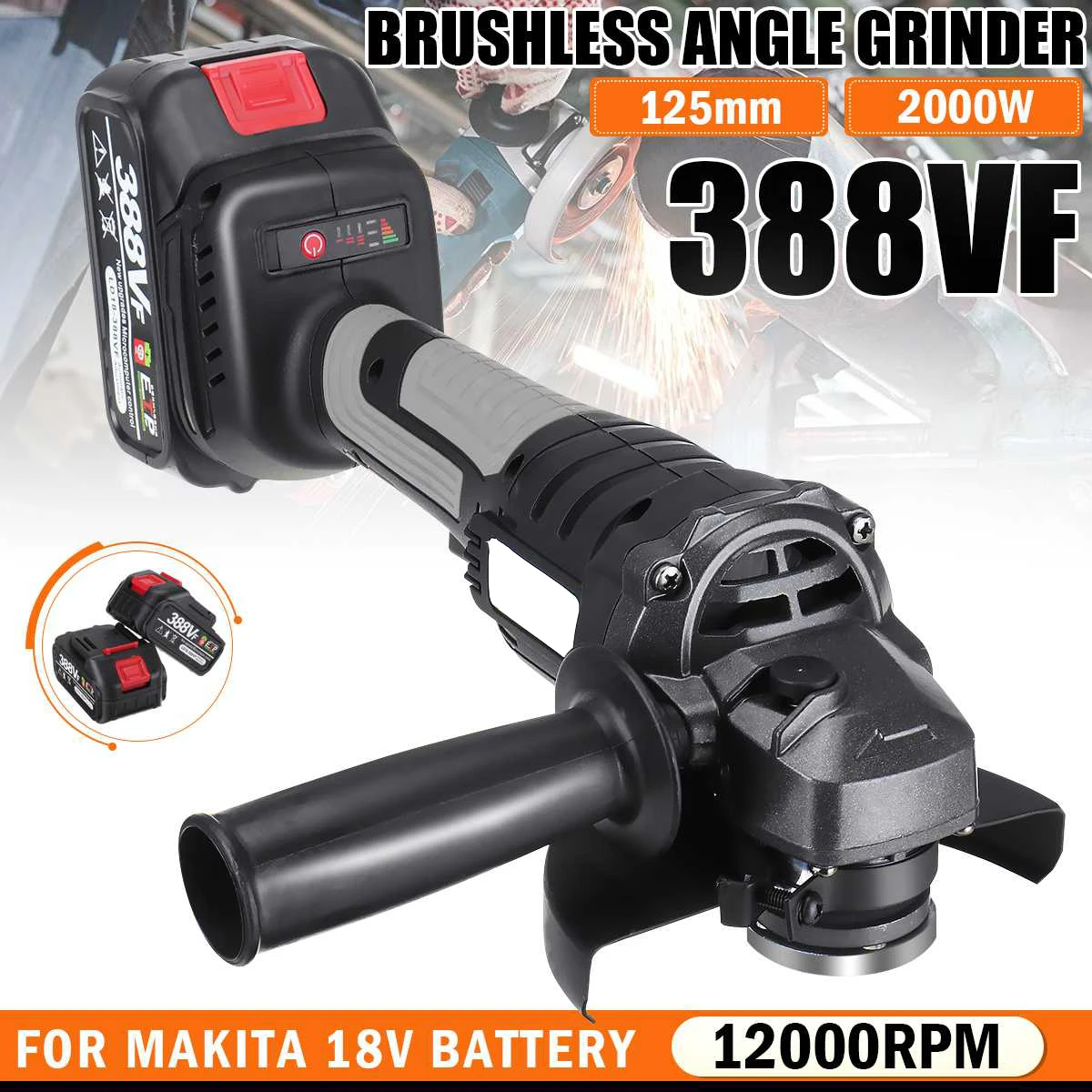 

12000RPM 2000W Brushless Cordless Electric Angle Grinder 125mm Variable Speed Grinder Machine For Makita 18V Battery