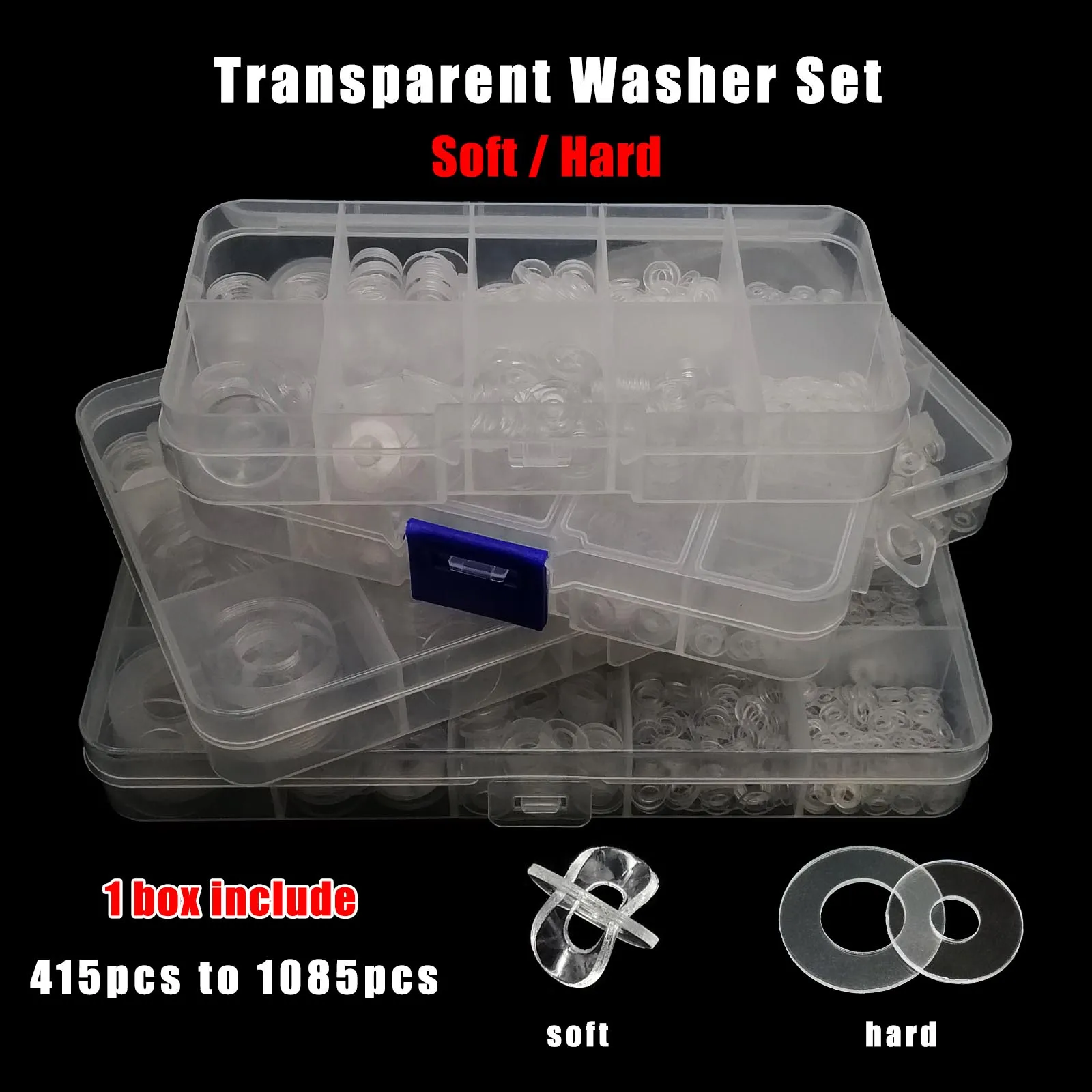 Flat Washer Set 415/1085pcs Boxed Transparent Clear Flat Washer Plain Spacer Insulation Gasket Ring M2 M2.5 M3 M4 M5 M6M8M10M12 Plastic PVC