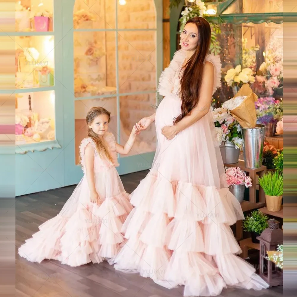 

Mom and Me Tulle Maternity Dress for Photo Shoot Long Ruffles Mother and Daughter Girl Princess Baby Shower Birthday Party Gown