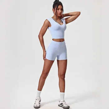 Alternative view of “Mira” Sexy Seamless Plunge Two-Piece Activewear Shorts Set