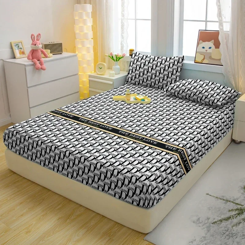 1 Simple Modern Letter Printed Matte Fitted Sheet, Bedroom Printed Bed Cover, Bedding (Excluding Pillowcases) 2