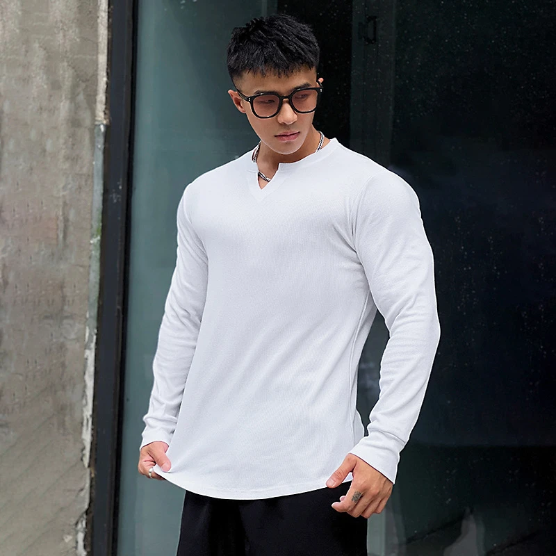 2022 Solid Color V-neck Fitness Cotton Long-sleeved Men's High Elastic Slim T-shirt Sports Running Training Quick-drying Tights