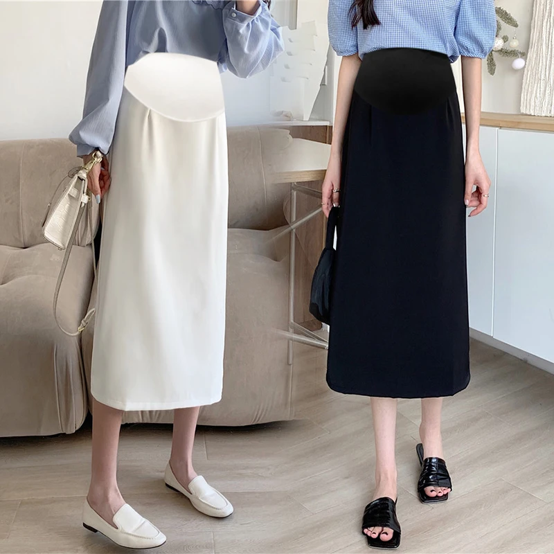 Korean Style Summer Solid Color Maternity Skirt Back Split High Waist Pregnant Woman Tailored Skirt Lady Elegant Formal Skirts