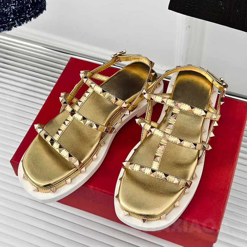 

Summer Walk Show New Style Women Sandals Metal Rivet Decor Narrow Band Design Female Flat Shoes Full Of Sophistication Sandals