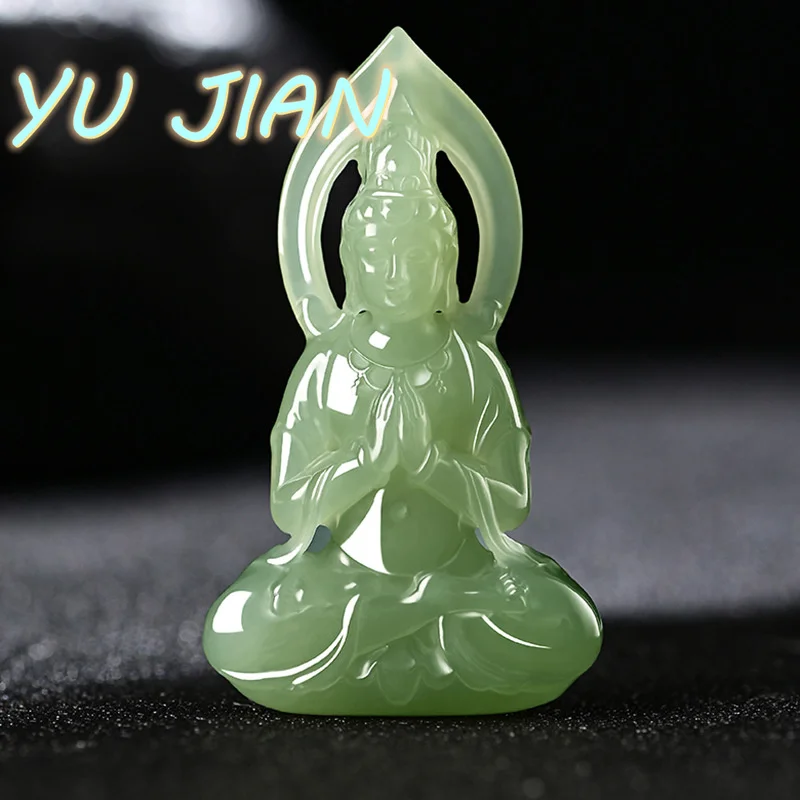 

Natural 5A Gread Hetian Pagoda Green White Jade Guanyin Bodhisattva Jaspe Pendant Three-dimensional Hand Carved Necklace Jewelry
