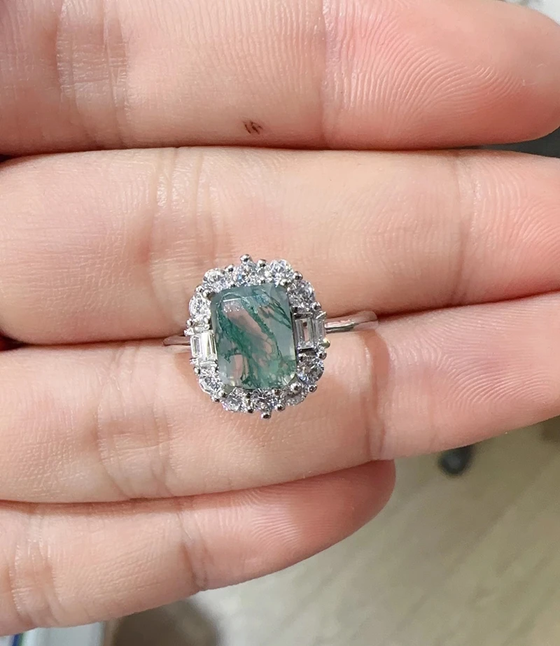 

Natural water grass agate ring, 925 sterling silver material, engagement wedding for women