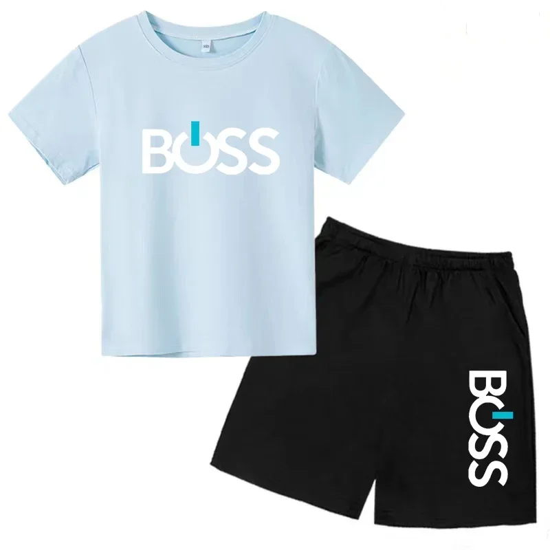thumbnail image 1 of Conjunto de 2 piezas de camiseta de manga corta y pantalones cortos con estampado de letras de marca de verano, traje deportivo informal para niños y niñas, conjunto de moda para niños, 1 of 5