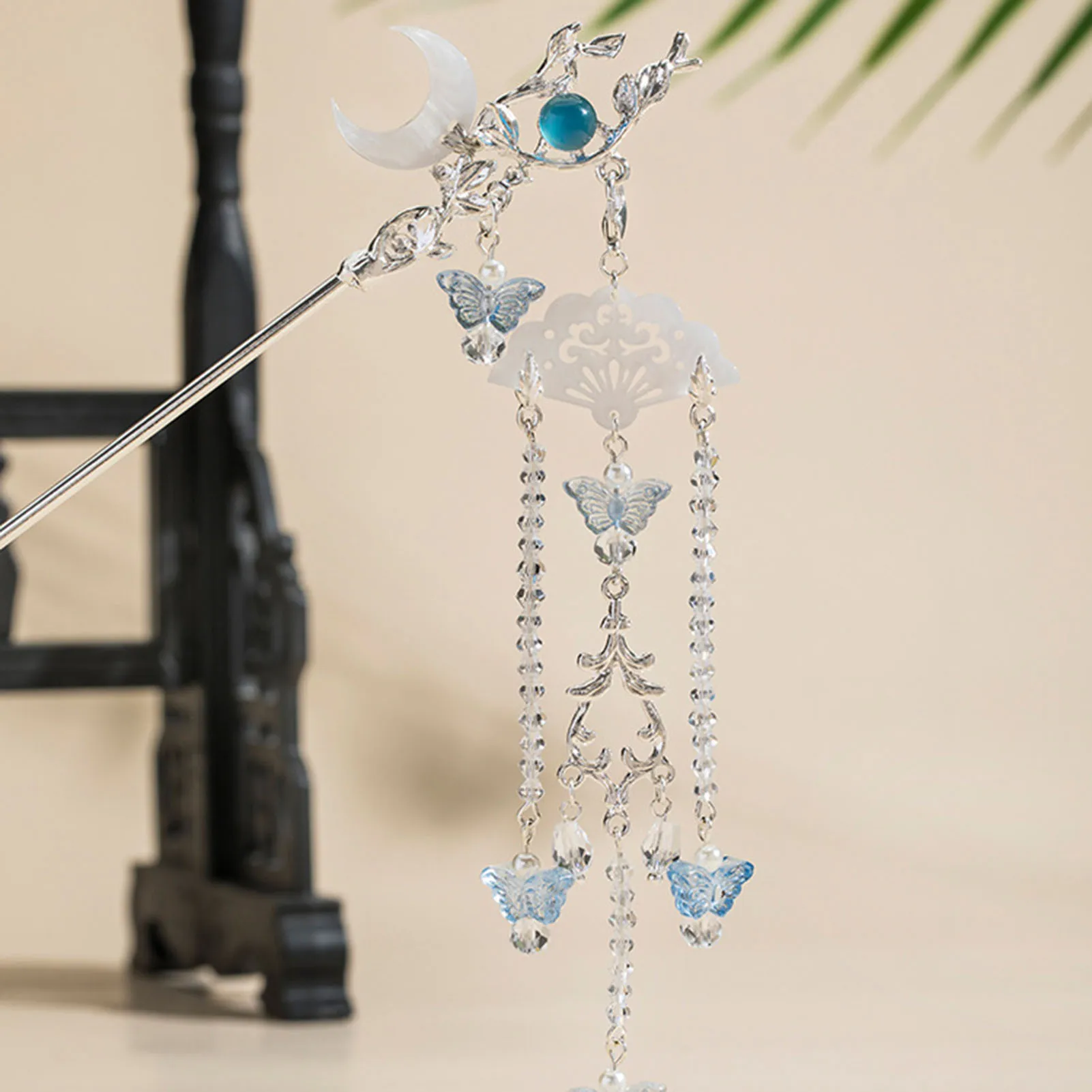 Tassel Moon Hair Stick Butterfly Fringe Hairpin Chopstick Chinese Hanfu Hair Accessories Pearl Bun Jewelry Tiaras for Women