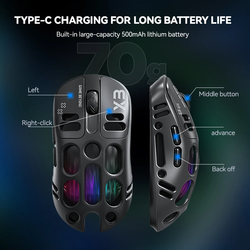 2026 Hollow-out Design Lightweight Computer Game Accessories 3-Mode Bluetooth Wireless Mouse Laptop Rechargeable RGB Backlight