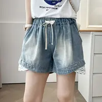 Plus Size Women's Jeans 100kg Fashion Lace For Edging Drawstring Elastic Waist Denim Shorts Wide Leg Hot Pants Summer 25007 - Image 3