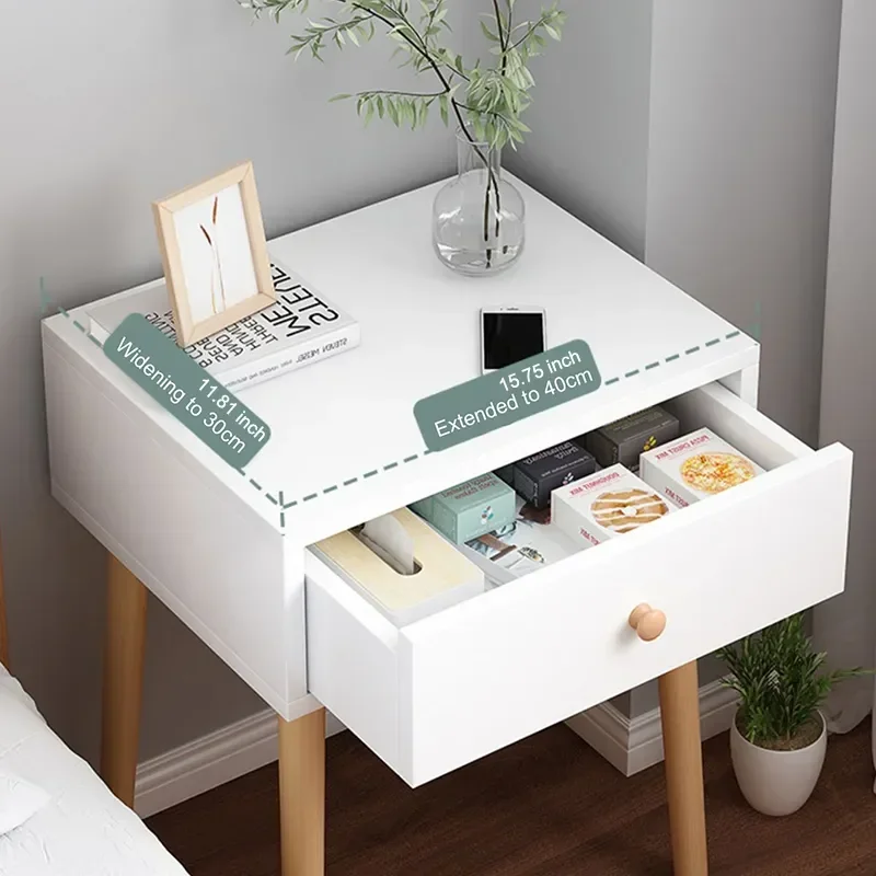 Modern with Drawer Nightstand , Bedside Table with Solid Wood Legs, Adorable Practical End Side Table Open Storage Shelf