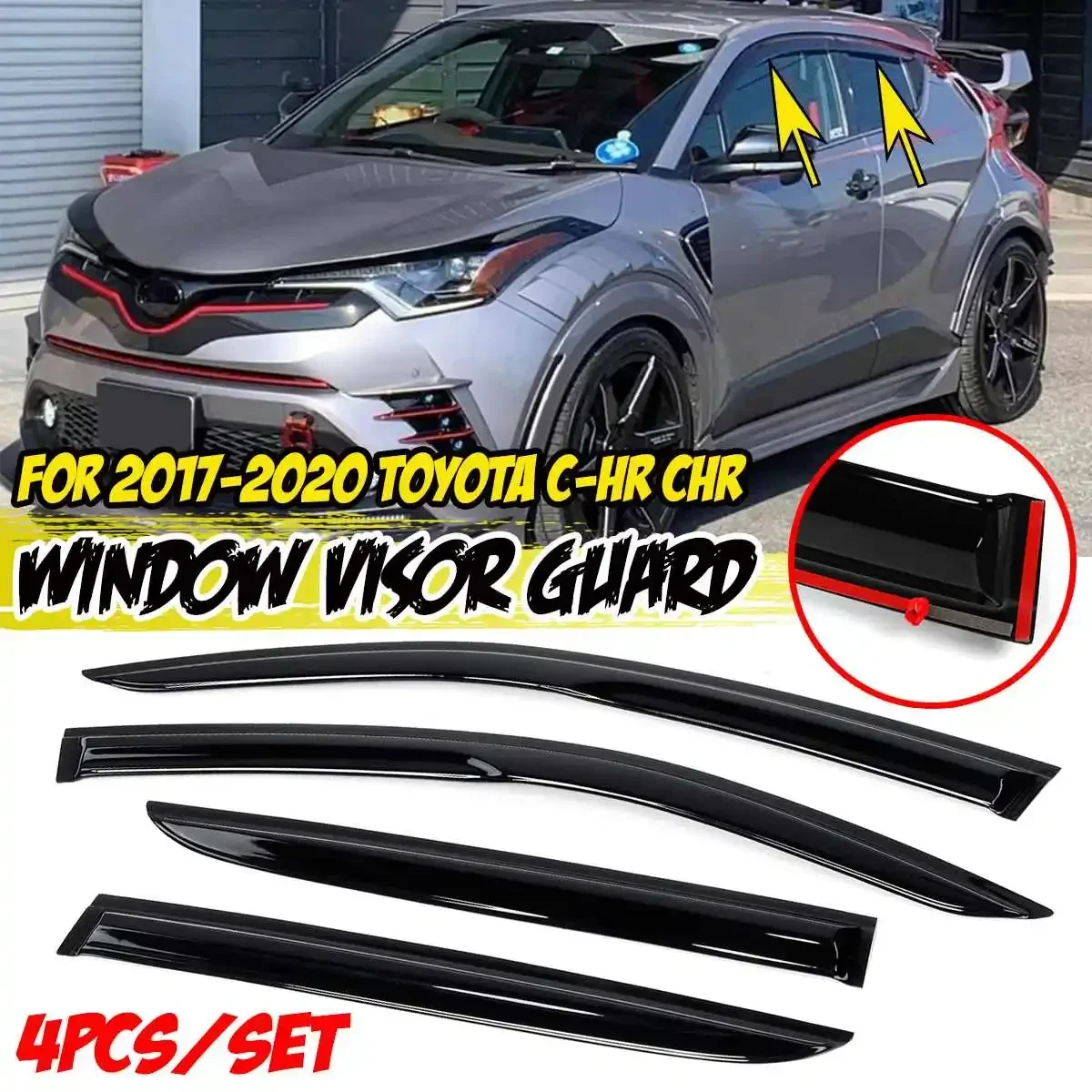 

4pcs Black Tinted Car Side Window Visor Guard Vent Awnings Shelters Rain Guard Door Visor For TOYOTA For C-HR For CHR 2017-2020