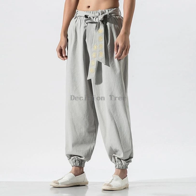 chinese tang suit hanfu pants men retro embroidery chinese style martial arts men cotton hemp sports elastic waist pants