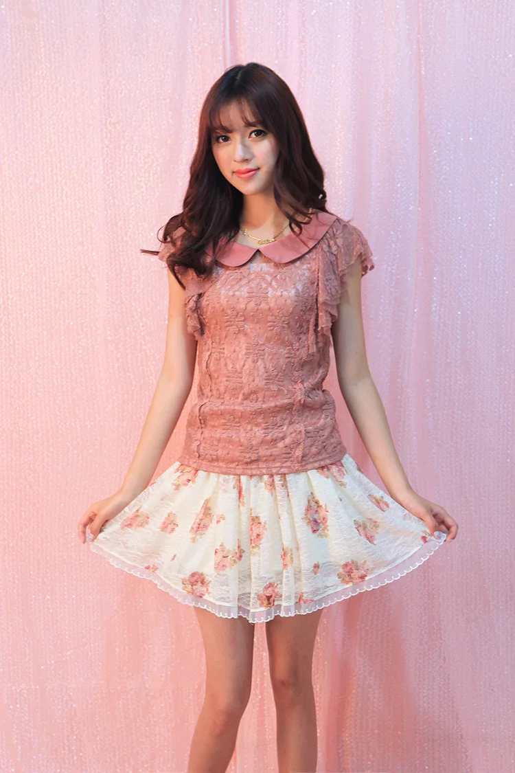 Japan Sales Liz Lisa Whole Lace Top Chiffon Collar Fly Sleeve Fly Sleeve Shirts