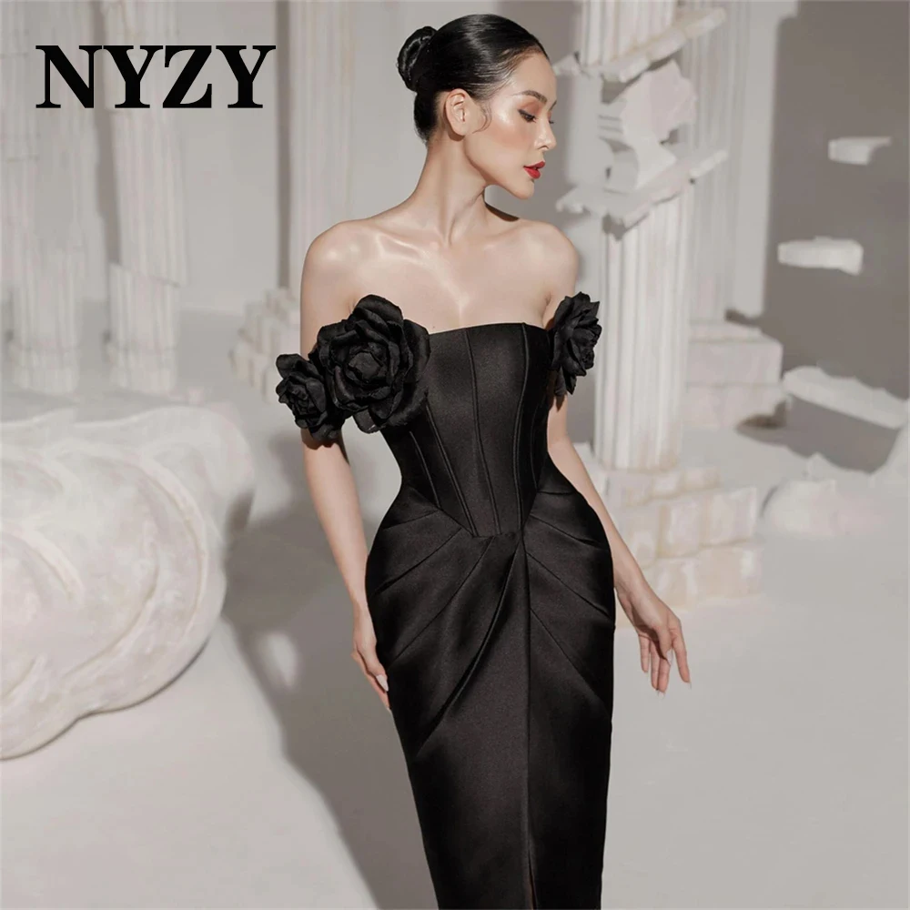 NYZY P166 Short Party Birthday Evening Gowns Satin 3D Flowers Ankle-length Black Cocktail Dresses Made