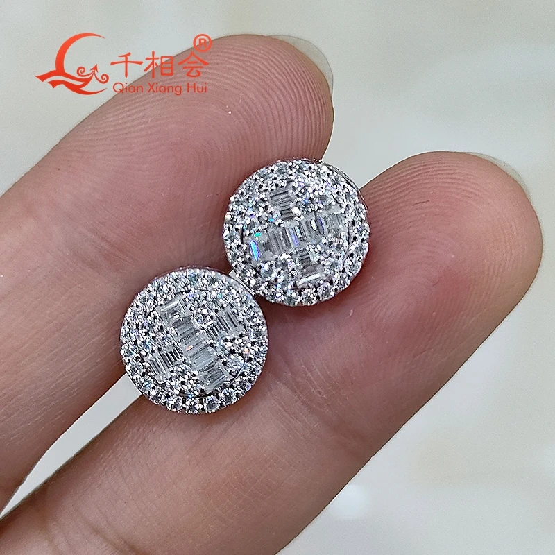 

10mm melee round Cross baguette shape 925 silver D VVS moissanite stone ear stud Earing for jewelry gift datting women wedding