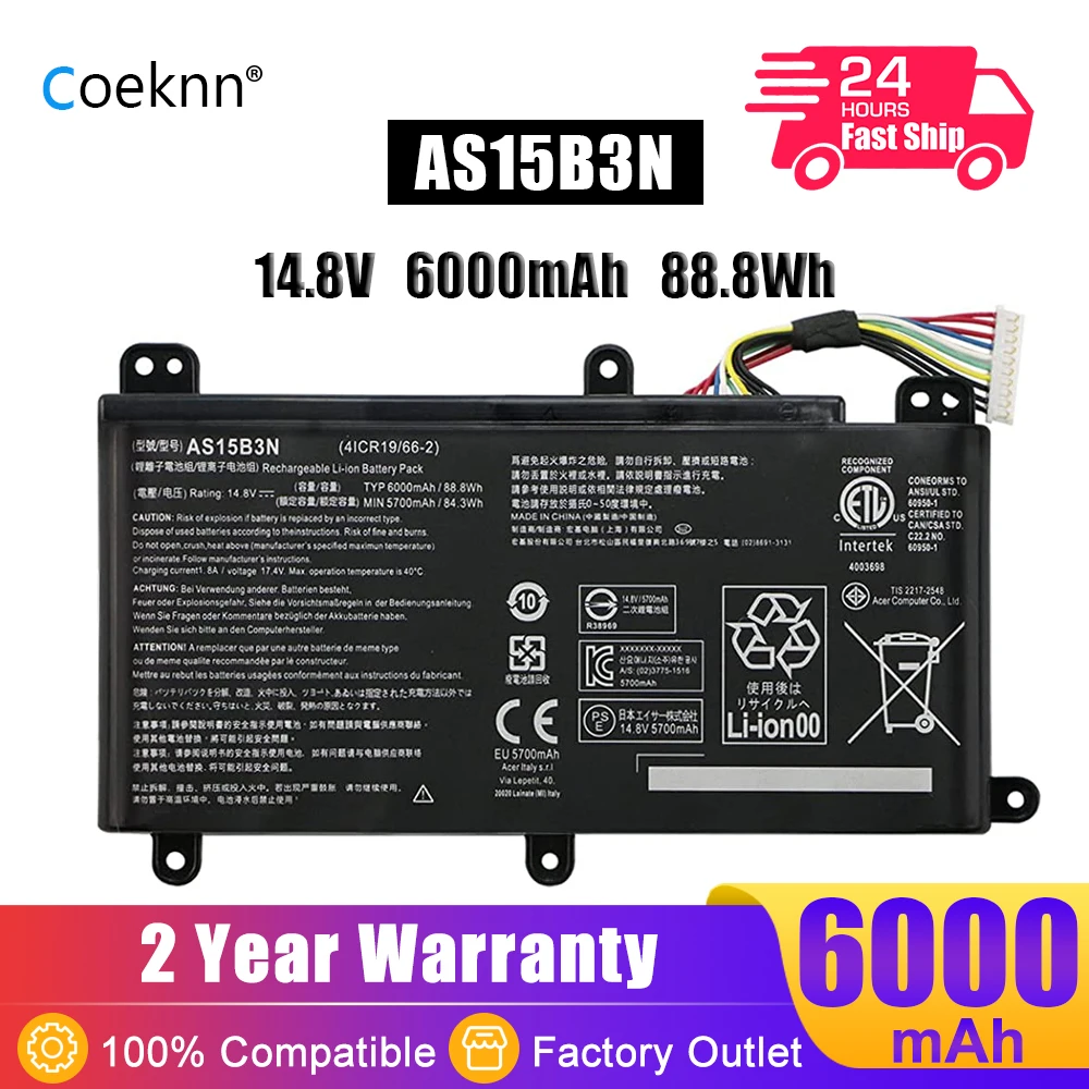 

Coeknn 14.8V 88.8Wh AS15B3N Laptop Battery for Acer Predator 15 G9-591 G9-592G G9-593 17 G5-793 G9-791 G9-791G 17X GX-791 GX-792