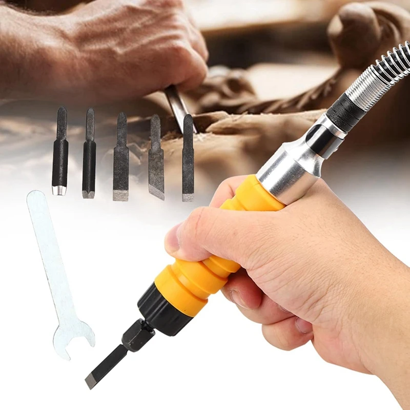 Hot SV-Electric Woodworking Carving Chisel Set With Yellow Handle For Effortless Wood Carving, Flexible Shaft, 5 Blades,