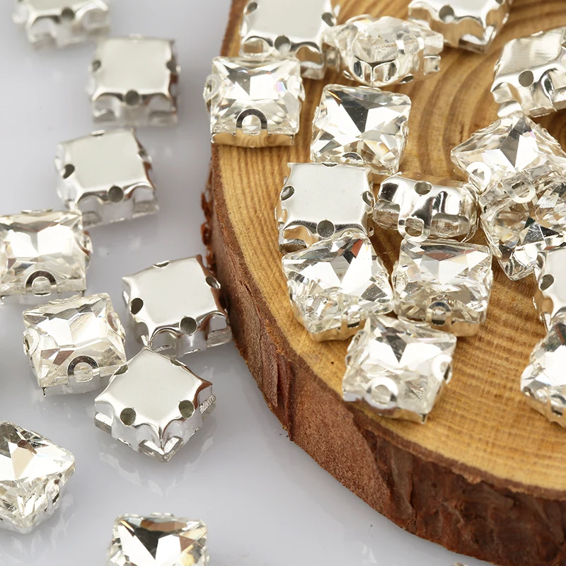 PEESOM 50PCS 유리 돌 플랫 백 슬리버 설정에 8x8mm 사각형 바느질 DIY 웨딩 드레스에 대 한 명확한 크리스탈 라인 석