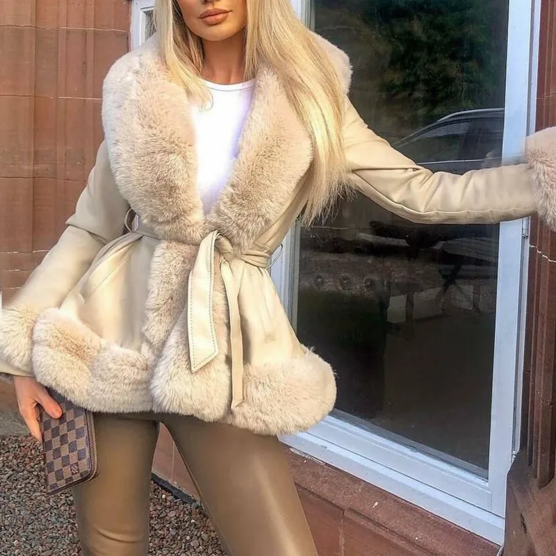 Abrigo de piel sintética con cuello de piel para mujer, abrigo ajustado de manga larga con cordones, chaqueta elegante de calle para invierno, ropa de mujer